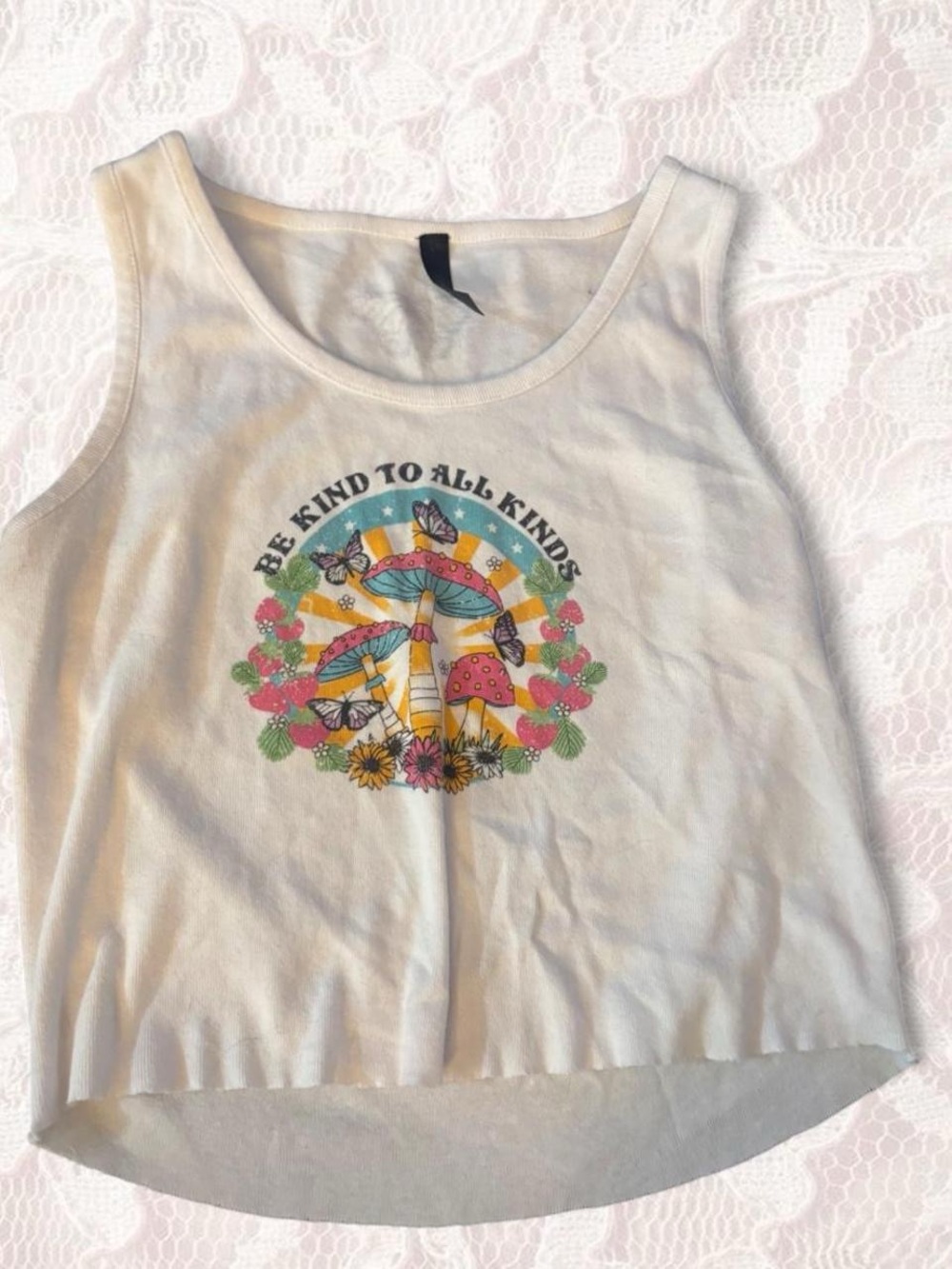 PINK Victoria's Secret Cream Graphic 'Be Kind To All Kinds' Mushroom Tank